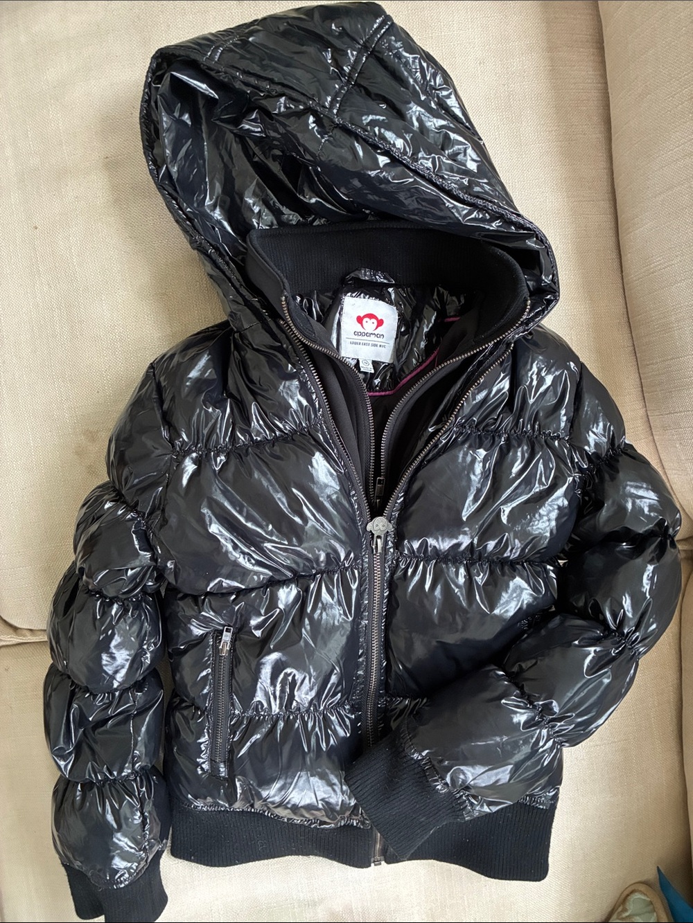 Kids Appaman Shiny Black Puffer Jacket with Hood
